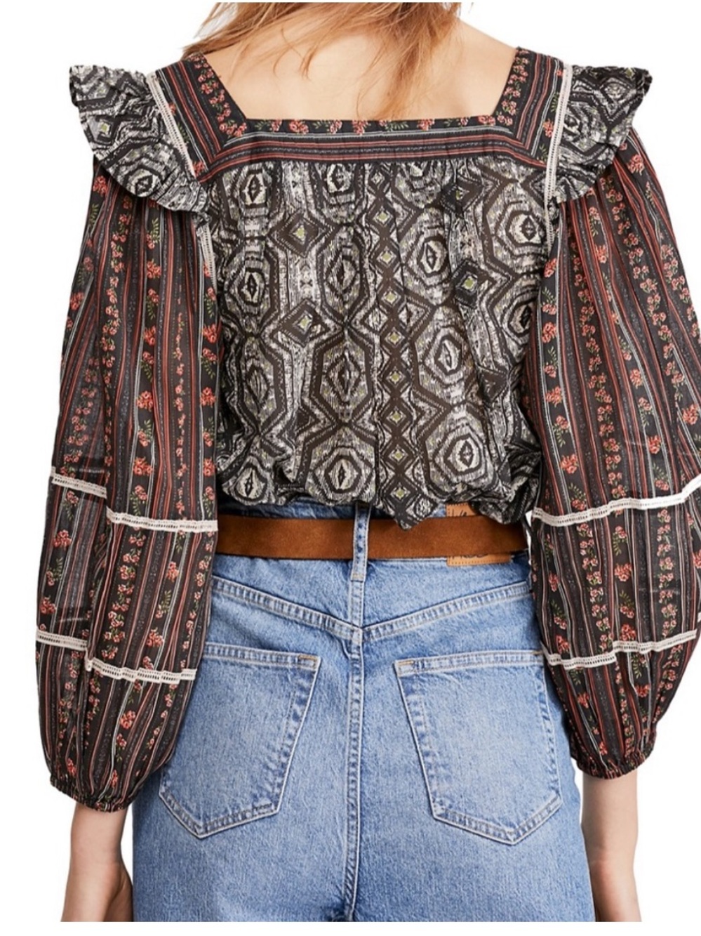 Free People Black Floral & Geometric Square-Neck Blouse - Picture 2 of 5